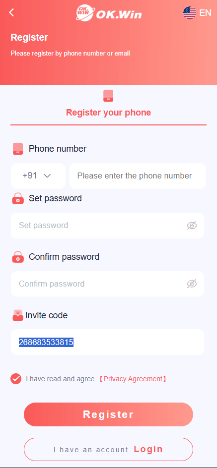 OkWin registration screen