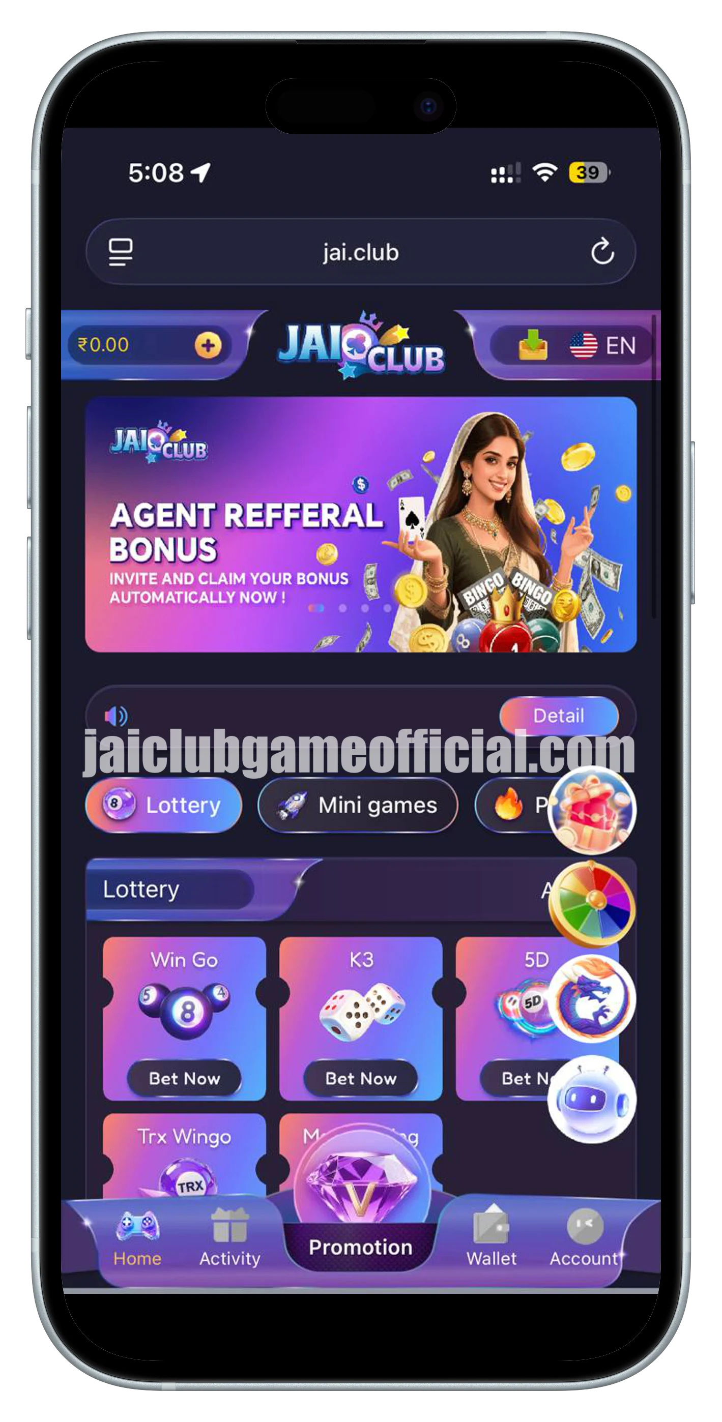 Jai Club register step 4 — Enter lobby + seed wallet