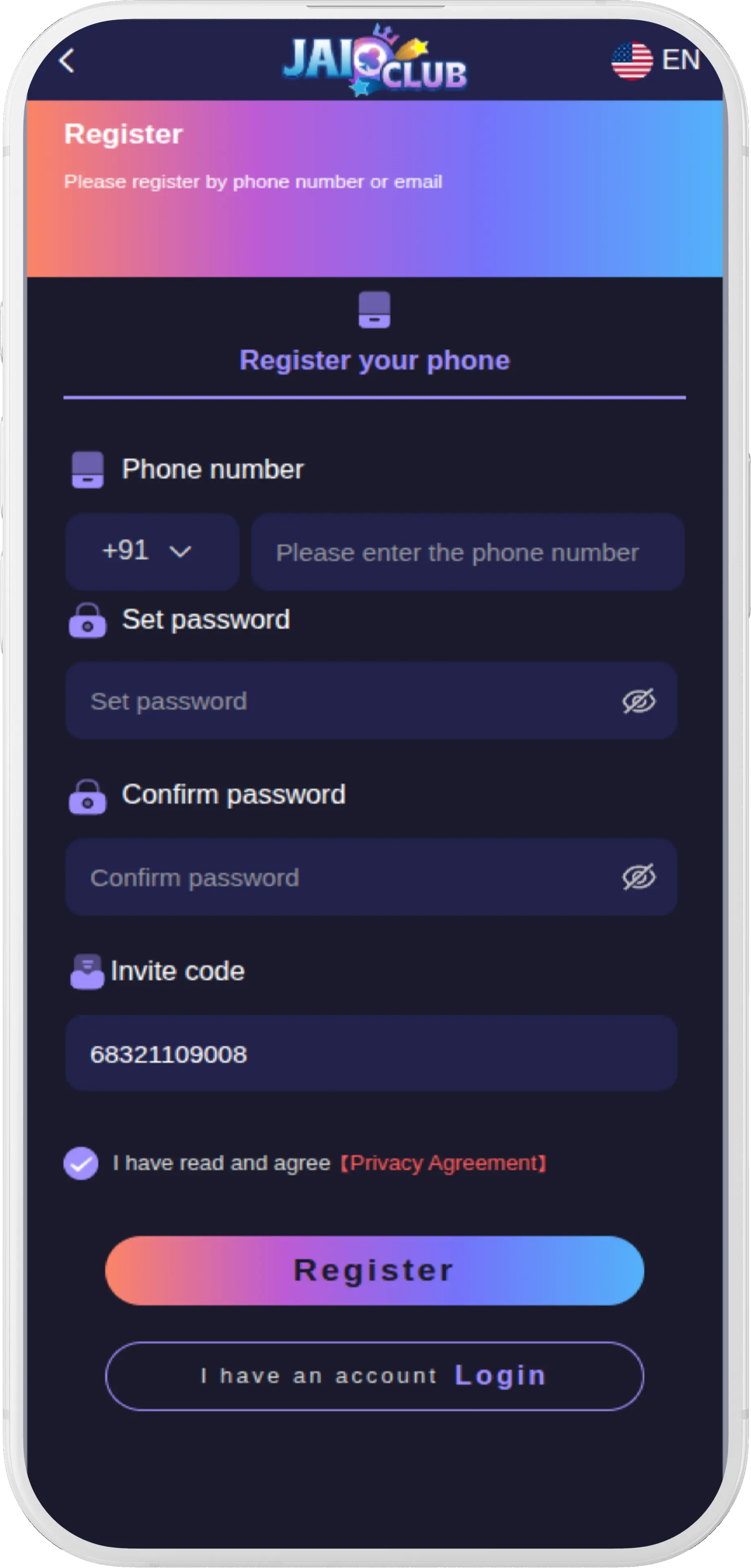 Jai Club register step 1 — Verify official host